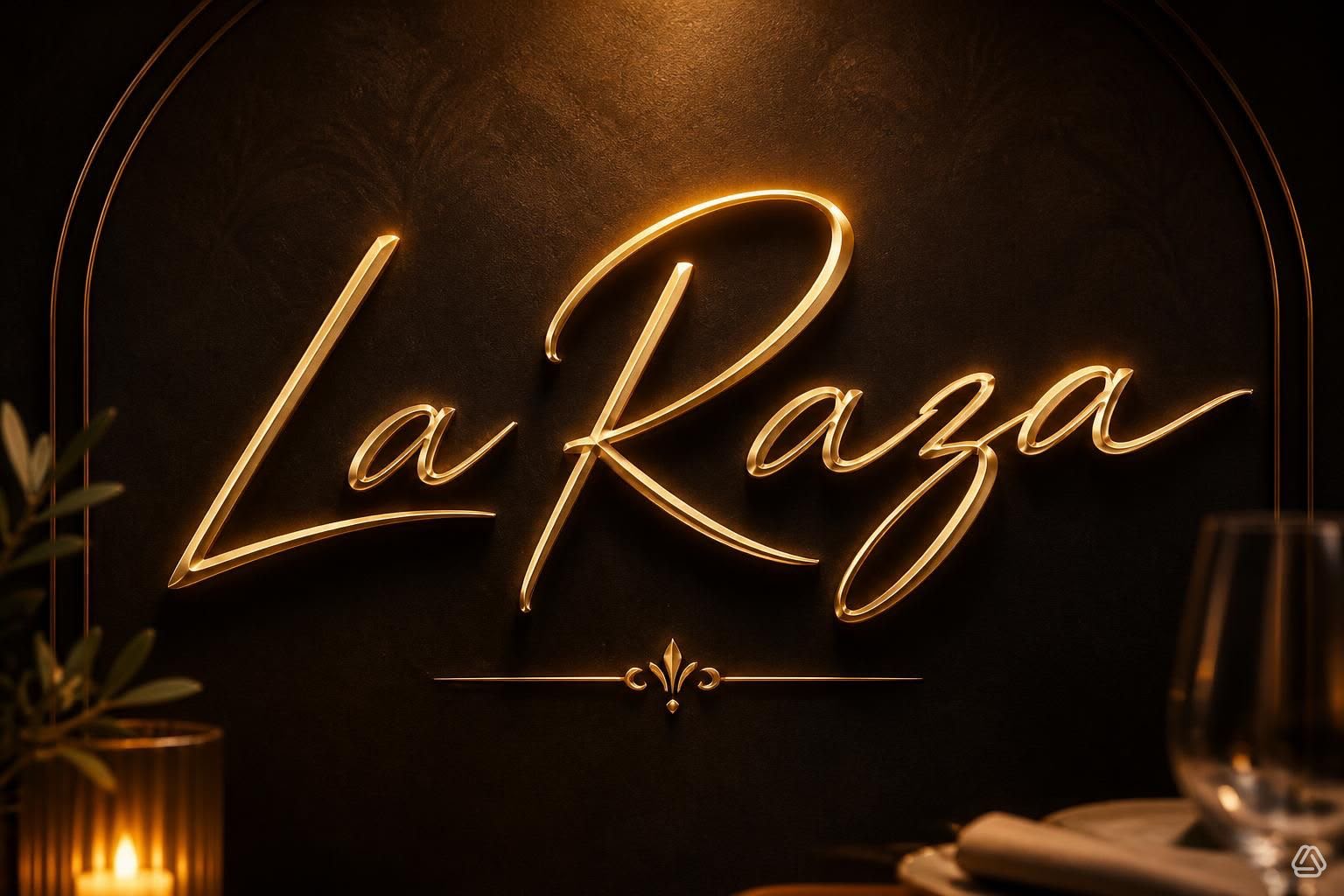 La Raza in illuminated gold lettering, with warm candlelight and an elegant table setting